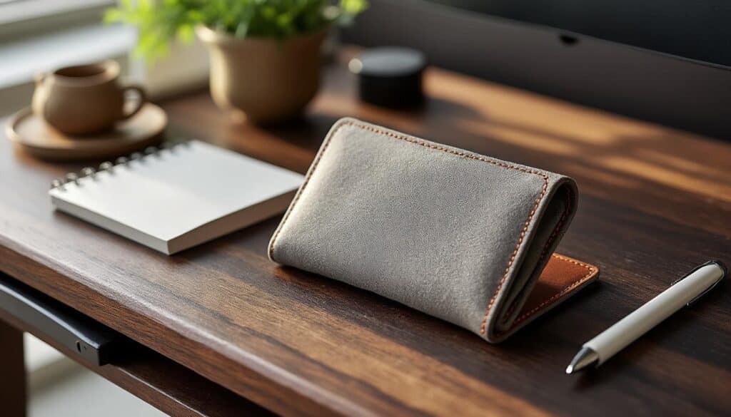 découvrez nos accessoires de bureau élégants en toile de voile recyclée : porte-chéquier et portefeuille robustes, design et écologiques, parfaits pour organiser vos documents avec style.